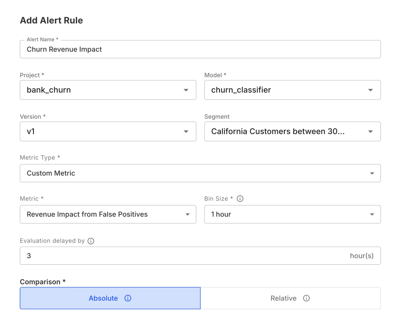 An alert rule configuration in Fiddler AI platform for SageMaker AI, detailing project settings, model version, segment, custom metrics, and more.