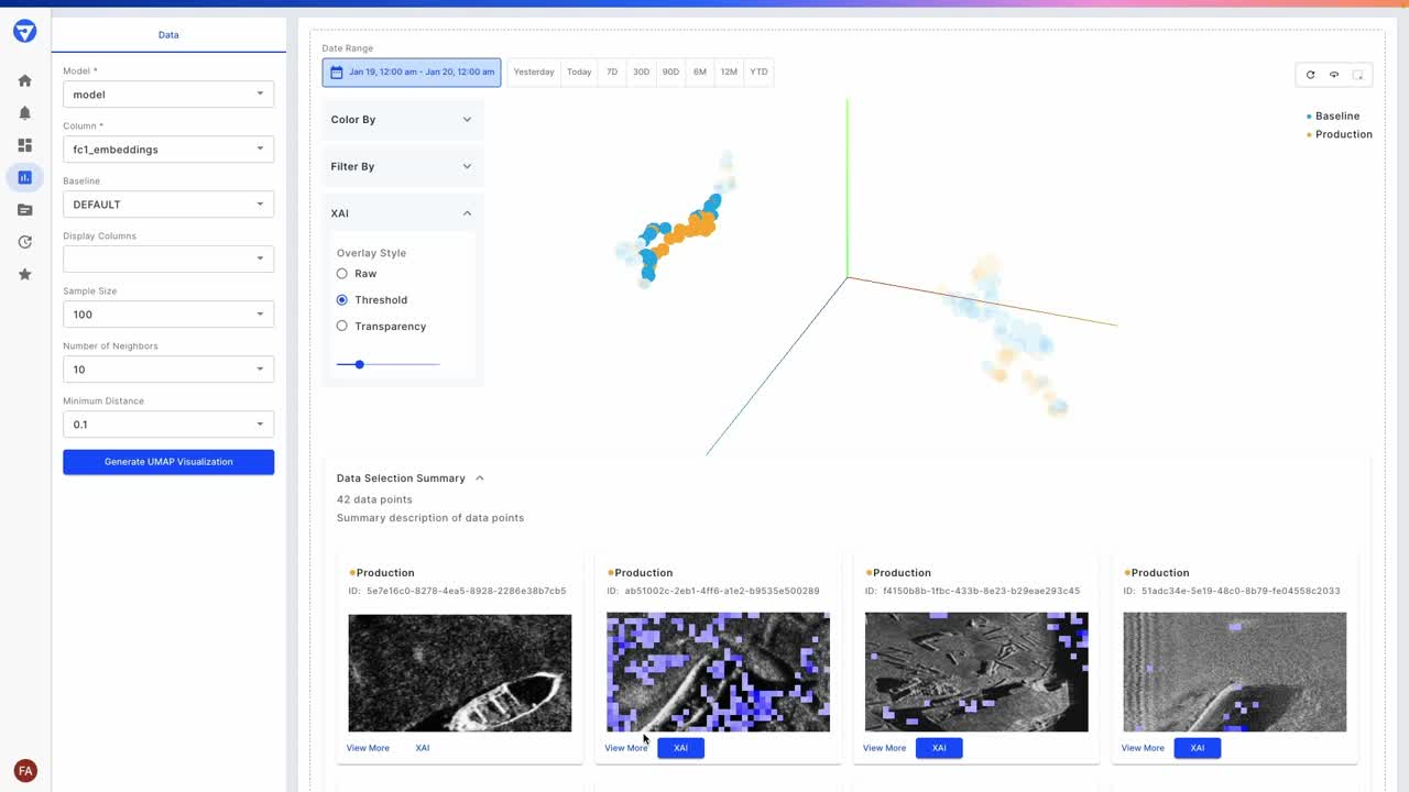 AI Observability dashboard showcasing UMAP visualization with data clusters and production model visualizations for government use cases, with a play button icon.